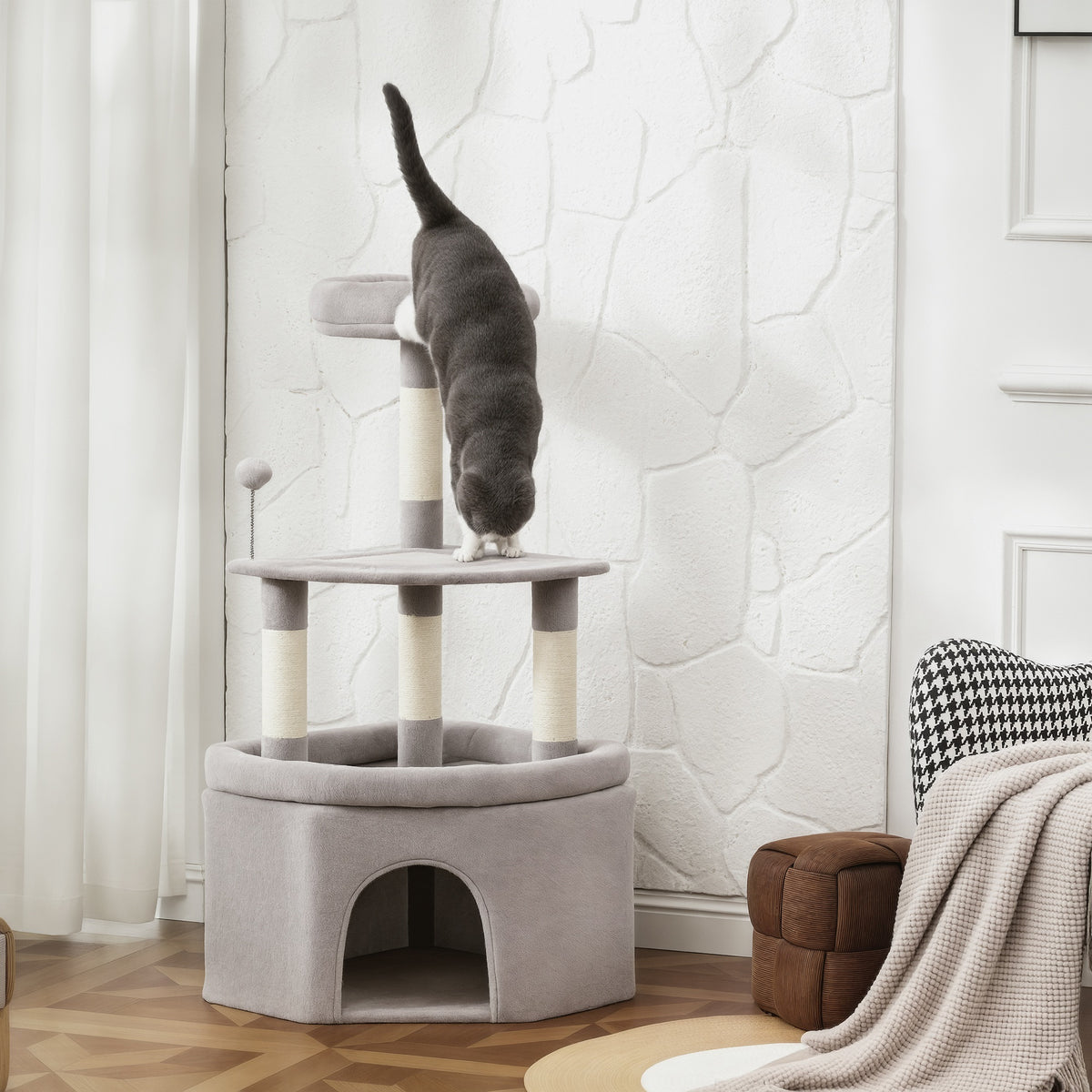 🐱 Árbol Rascador para Gatos de 114 cm – Torre Multinivel con Cueva, Cama y Juguetes
