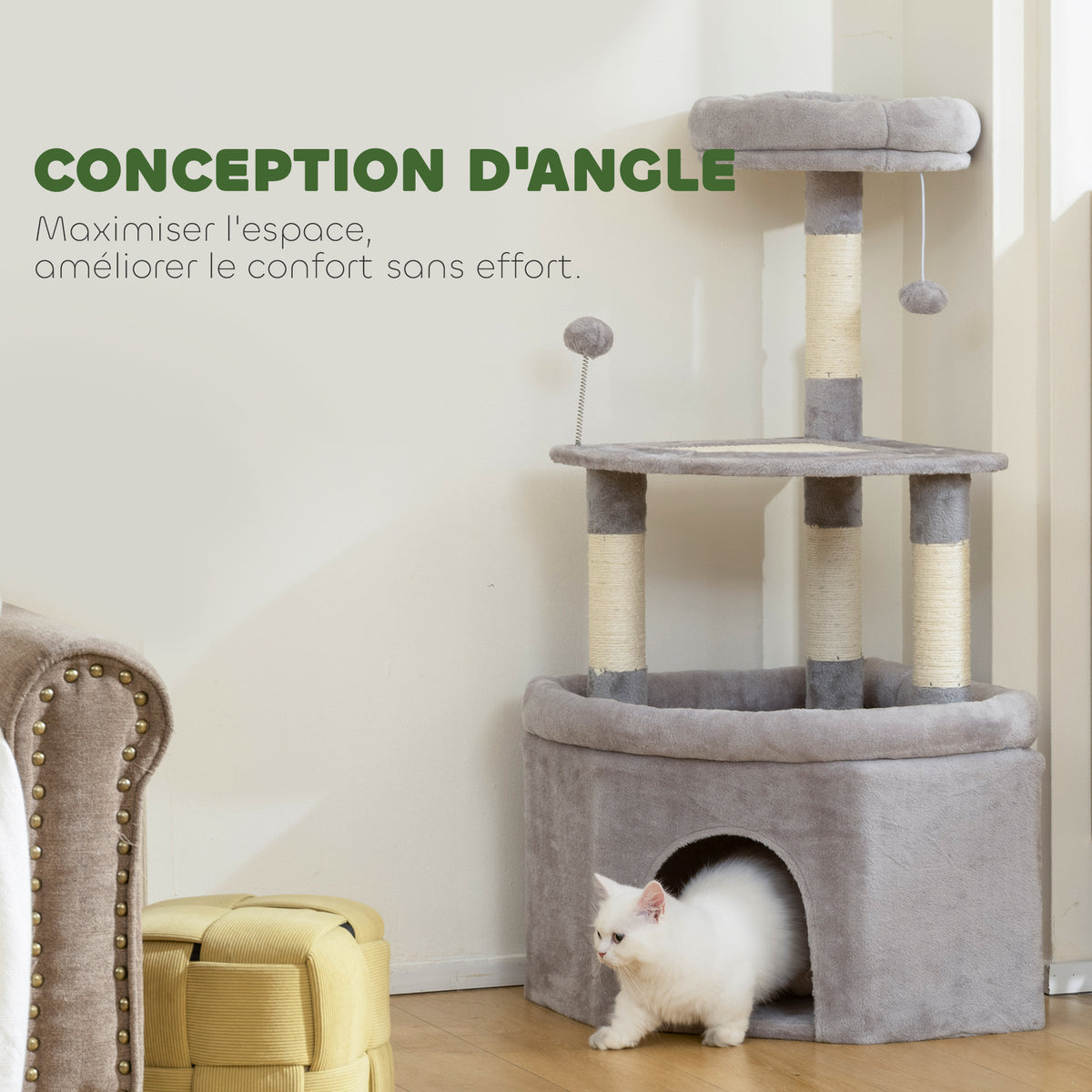 🐱 Árbol Rascador para Gatos de 114 cm – Torre Multinivel con Cueva, Cama y Juguetes
